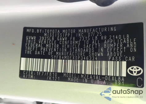 2025 Toyota Corolla Le из США, поврежденный, VIN 5YFB4MDEXSP346334